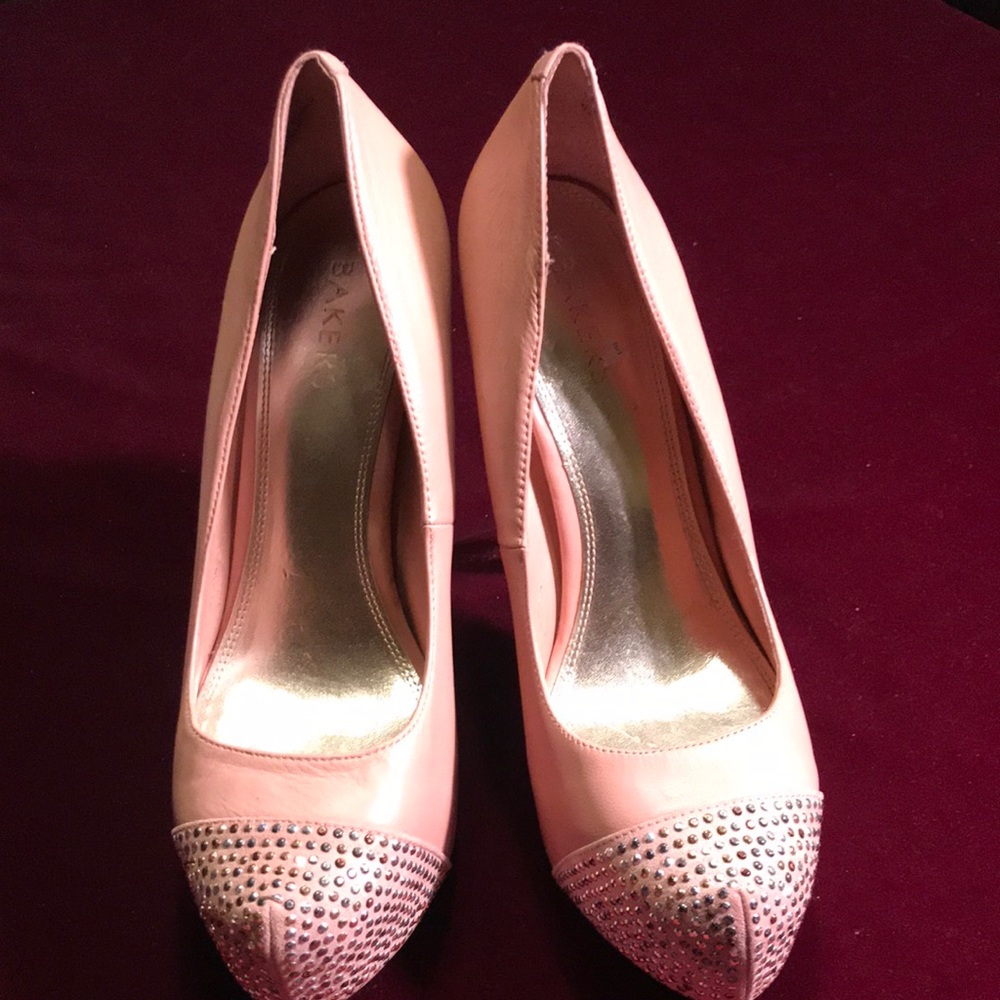 Peach colored gem toed high heeled bakers shoes